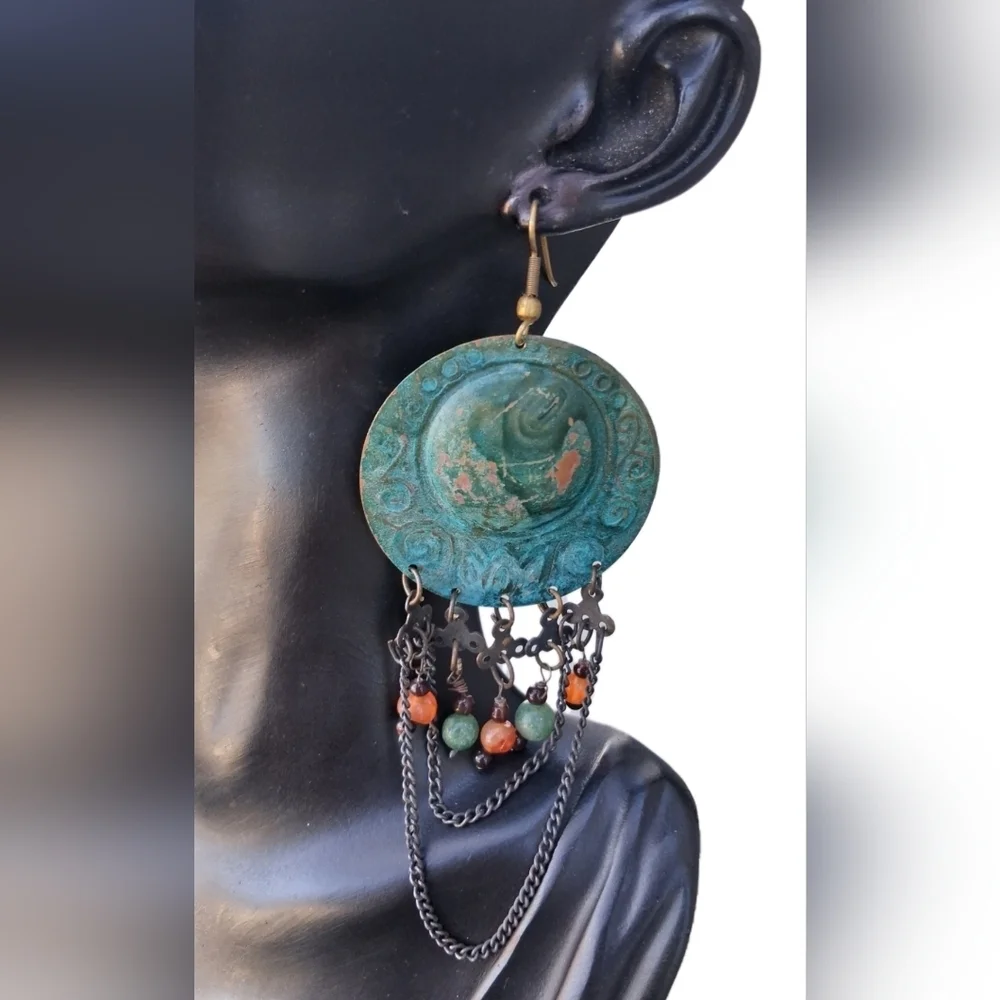 Vintage Verdigris Copper & Gemstone Statement Earrings - Carnelian Aventurine